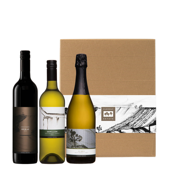 Clovely Estate Wine Connossieur hamper containing Extate Reserve Shiraz, Semillon ad NV Brut